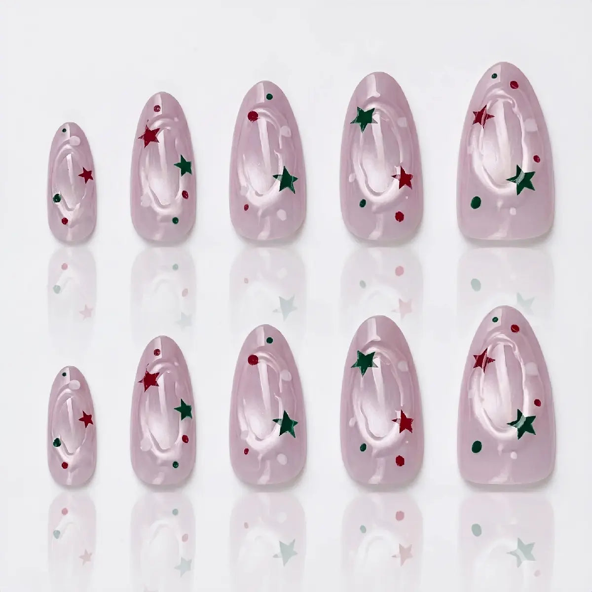 Kentrim Jelly Glue Pink Kentrim Light Pink Christmas Star & Dot Press On Nails - 30 Pieces (15 Sizes)