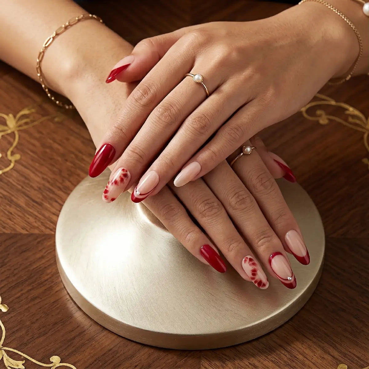 Kentrim Jelly Glue Red Kentrim Vintage Red French & Marble Press On Nails - 30 Pieces (15 Sizes)