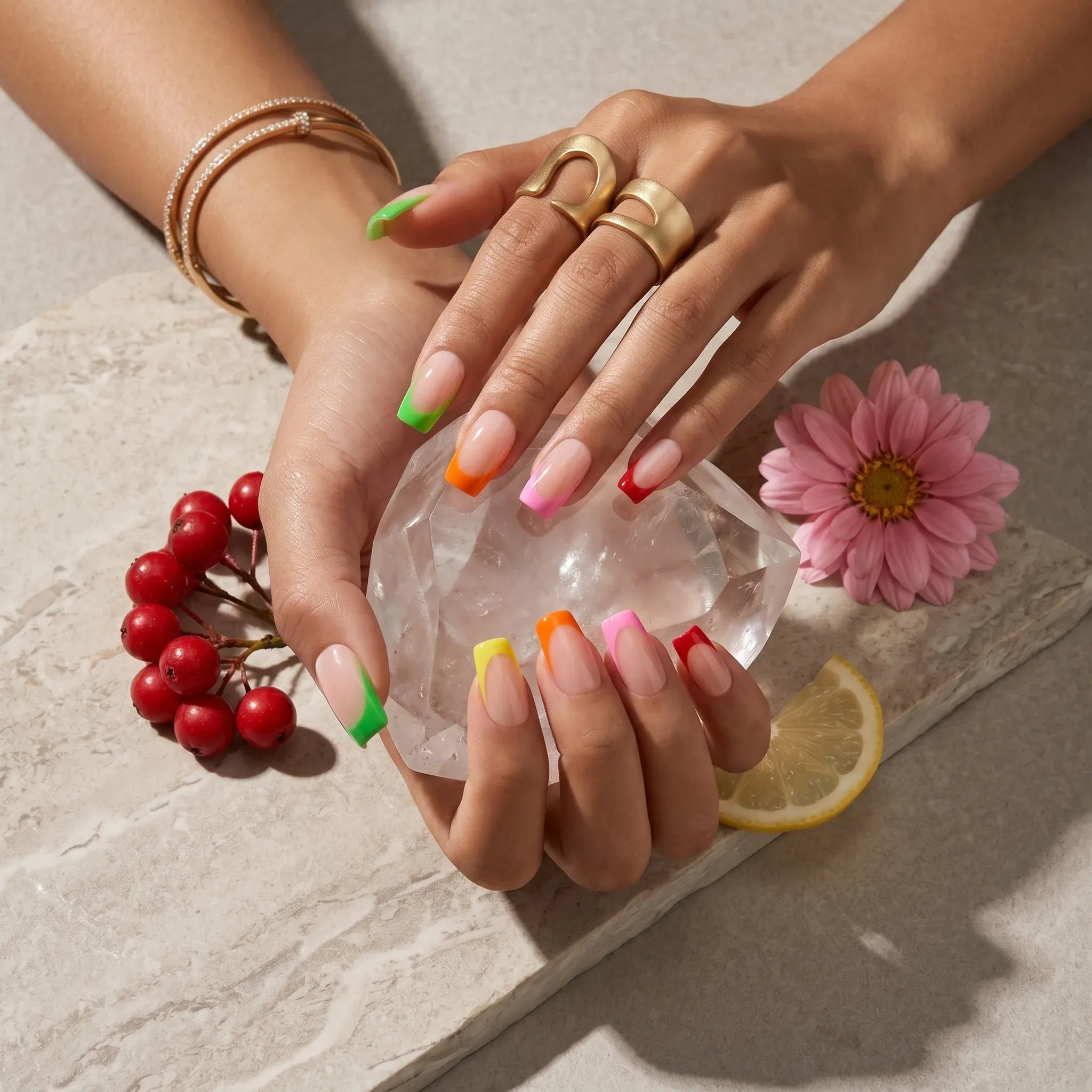 Kentrim Rainbow French Tip Press On Nails set with 24 pieces in 12 sizes, colorful and stylish artificial nail extensions Main image