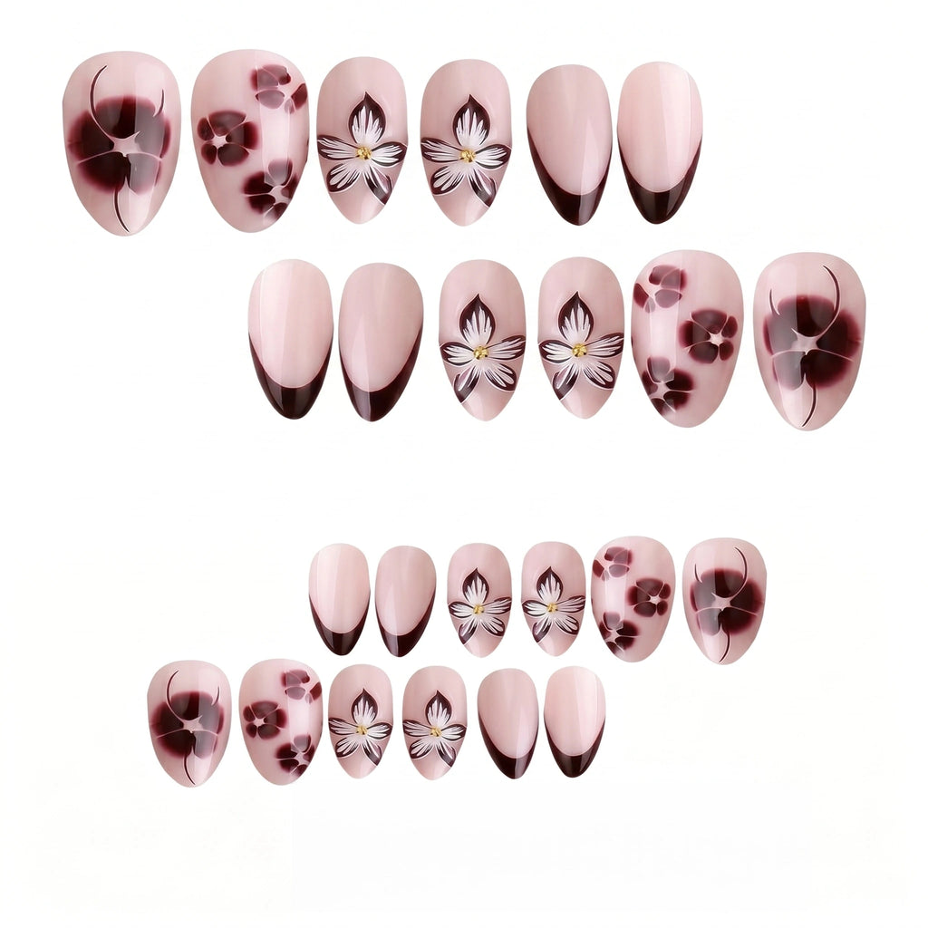 Kentrim Nude Pink Black French Tip Floral Medium Almond Press On Nails - 24 Pieces, 12 Sizes