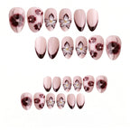 Kentrim Nude Pink Black French Tip Floral Medium Almond Press On Nails - 24 Pieces, 12 Sizes