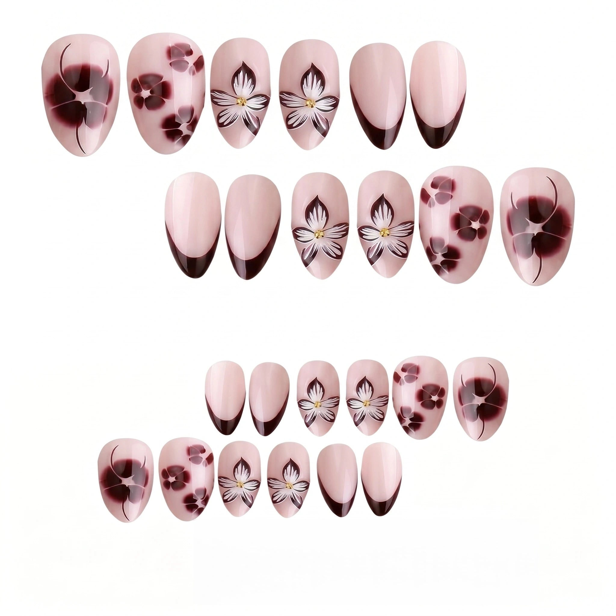 Kentrim Nude Pink Black French Tip Floral Medium Almond Press On Nails - 24 Pieces, 12 Sizes Main image
