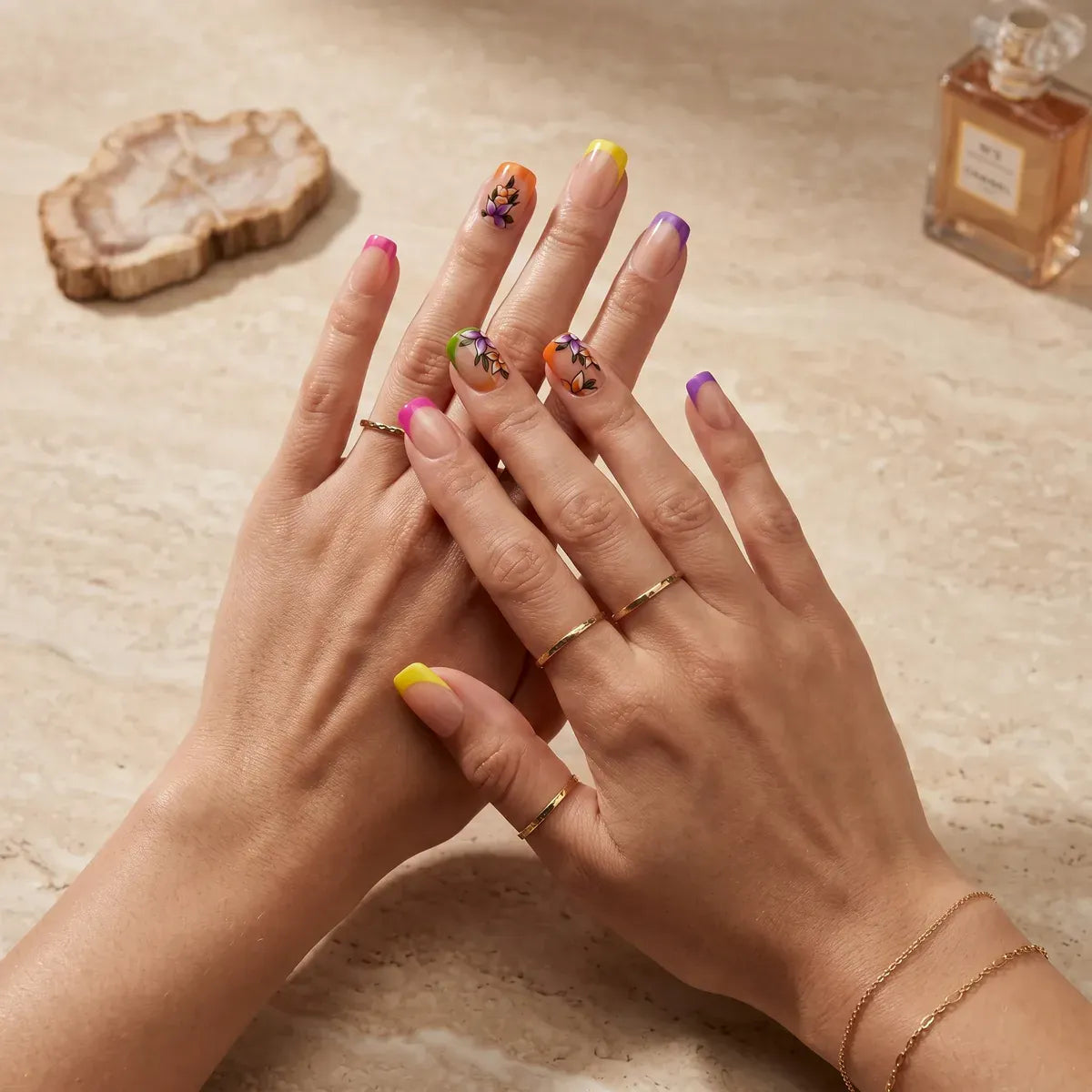 Kentrim Colorful French Tip Floral Short Square Press On Nails - 24 Pieces (12 Sizes) Secondary image
