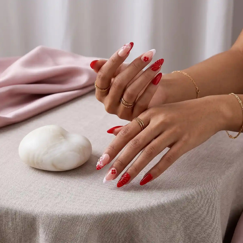 Kentrim Jelly Glue Red Kentrim Red French Press On Nails with 3D Flower & Shell Details - 24 Pieces (12 Sizes)