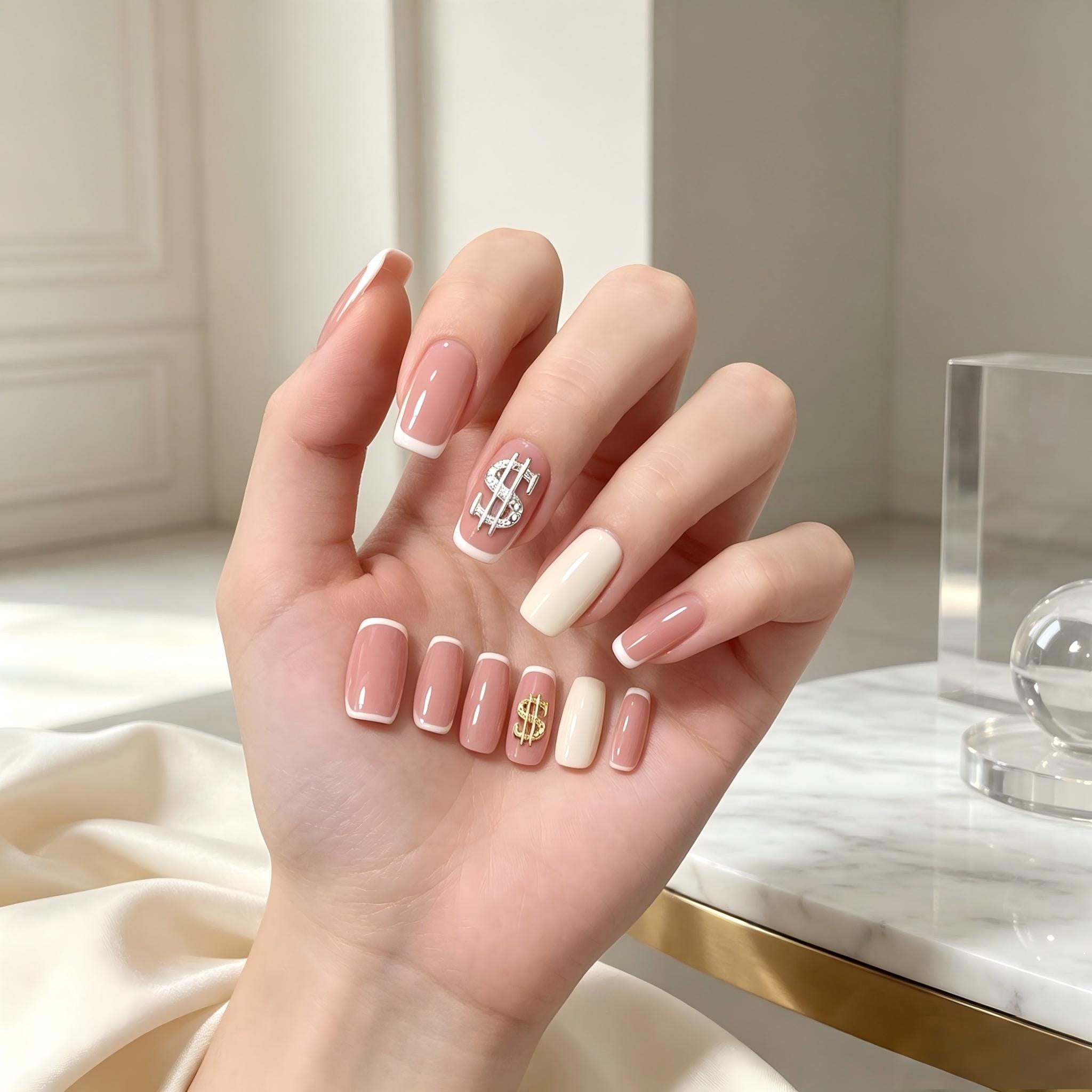 Press on Nails Kentrim Multi Color French  Sign Medium Coffin Dollar Press On Nails-10 Pieces (Single Size)