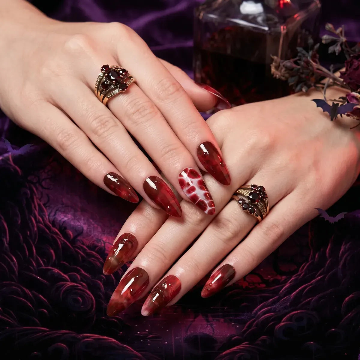 Kentrim Jelly Glue Red Kentrim Blood Amber Marbled Almond Halloween Press On Nails - 24 Pieces (12 Sizes)