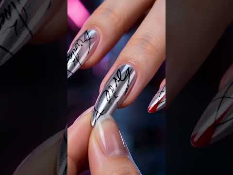 Kentrim Silver Red Line & Text Print Stiletto Press On Nails - 30 Pieces (15 Sizes)